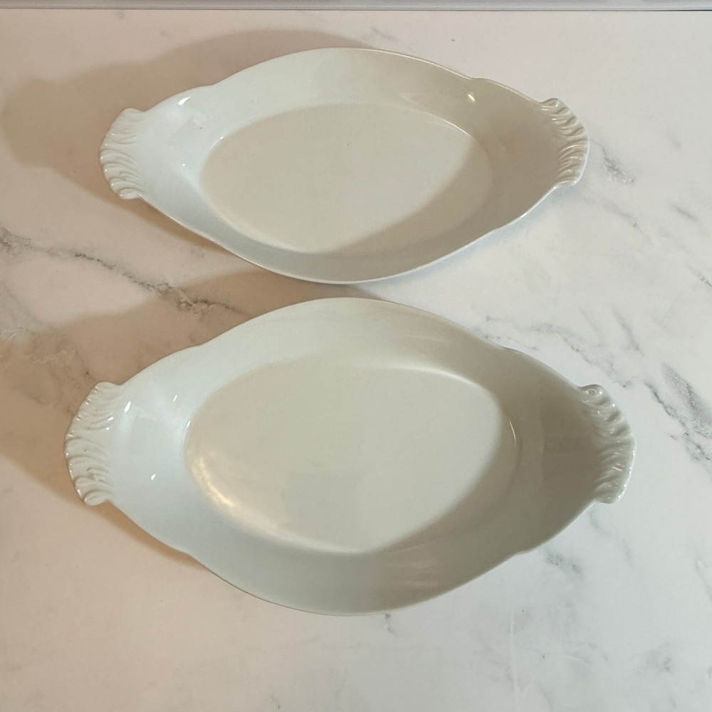 PAIR (2) BIA Cordon Blue White Porcelain 13" Oval Au Gratin Dish Fan Handle